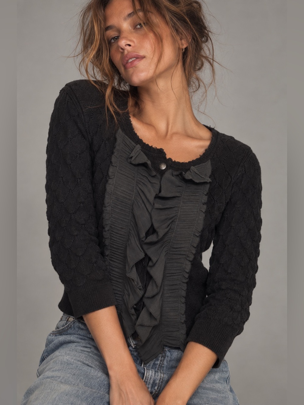 Free People Black Ruffle Cable Knit Cardigan Sweater Small